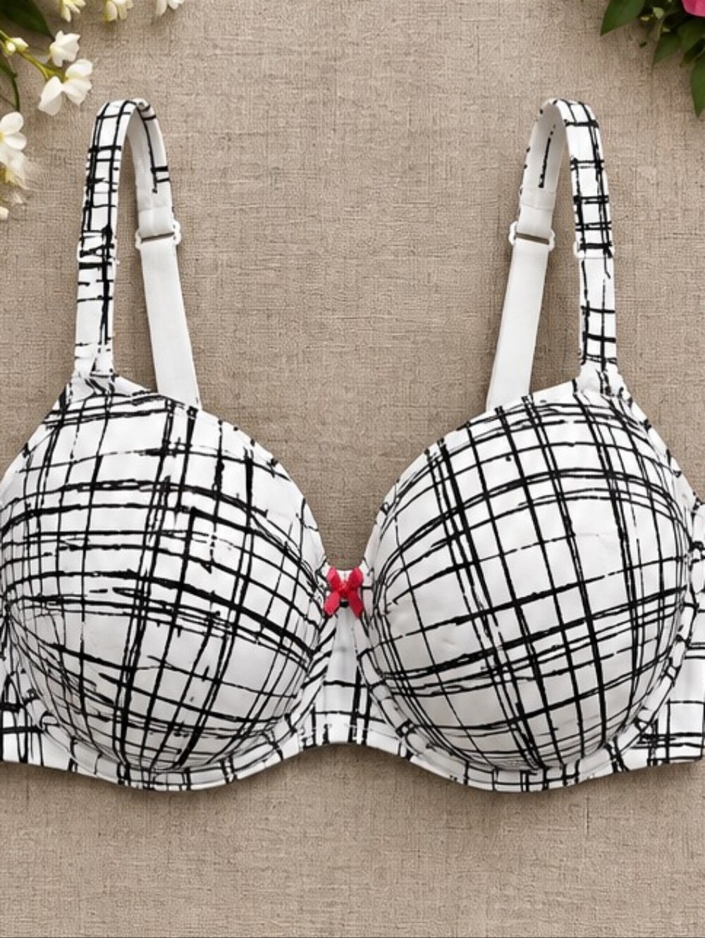 Cacique 40D White Black Grid Print Full Coverage True Embrace Underwire Bra